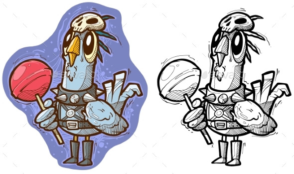 Cartoon Funny Cute Pigeon with Skull and Lollipop