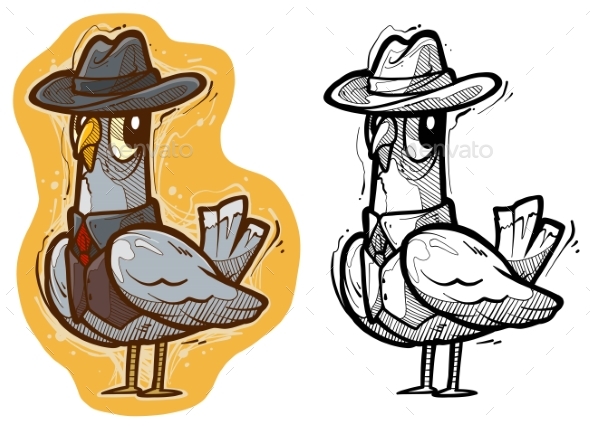 Cartoon Funny Cute Criminal Pigeon in Mafia Hat