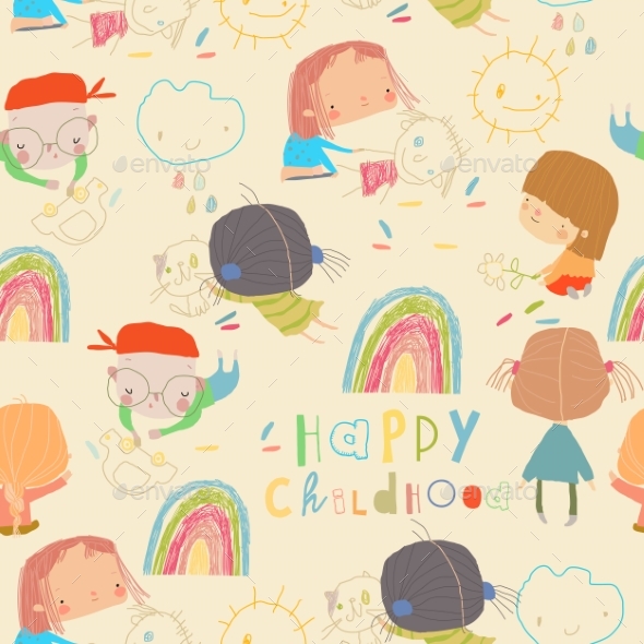 Seamless Pattern with Happy Children Painting