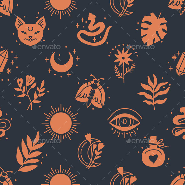 Seamless Pattern of Mystical and Astrology Objects