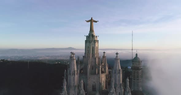 Closeup Aerial View of Tibidabo Mountain Temple in Barcelona In the Morning