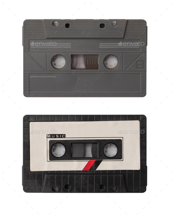 Vintage audio tape cassette isolated on white background.Recorder. Old pop music. album collection.
