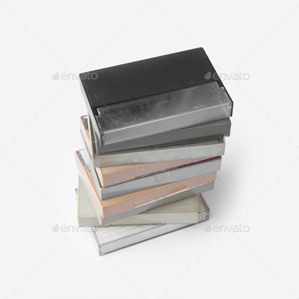 Vintage audio tape cassette isolated on white background.Recorder. Old pop music. album collection.