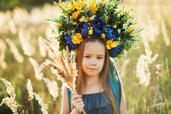 Ukrainian child girl with yellow and blue flag of Ukraine. flag symbols ...