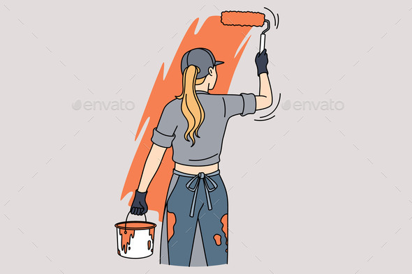 Woman Painting Room Wall with Roller