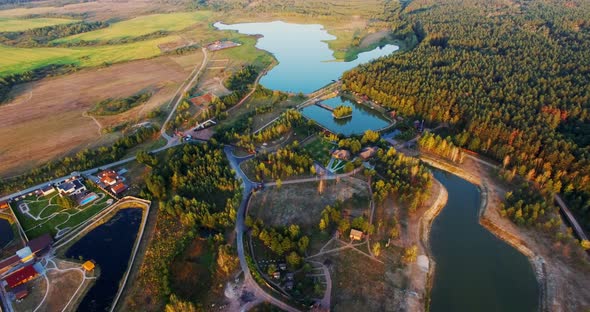 Sunset Amazing Forest Lake Among Scenic Green Pine Woods