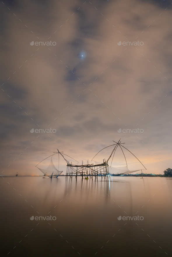 Fishing trap net in canal,lake or river. Nature landscape