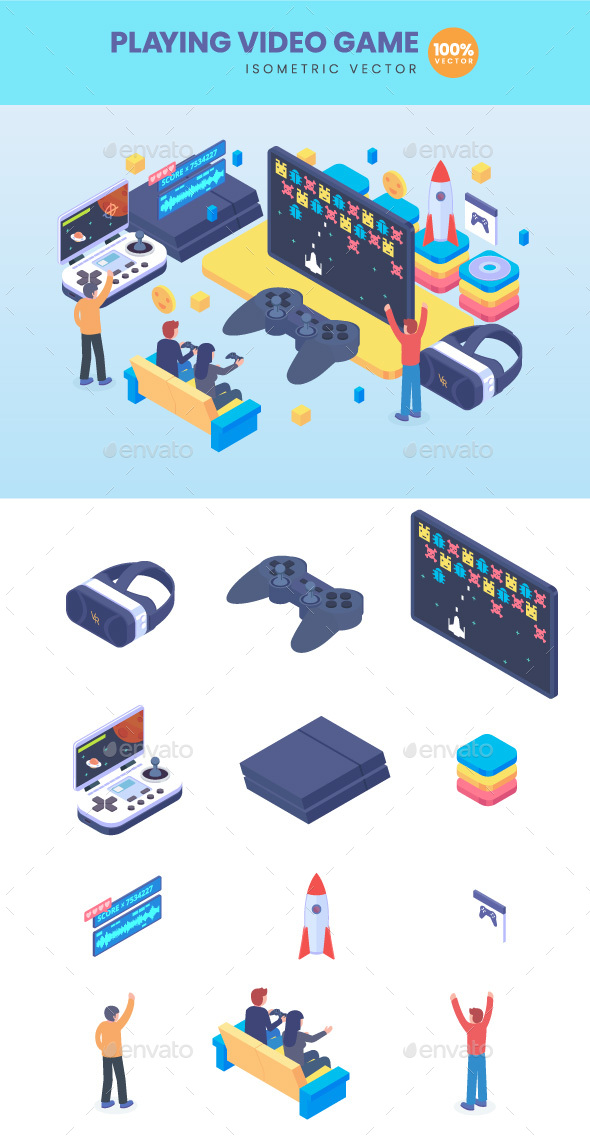 Isometric Playing Video Game Concept