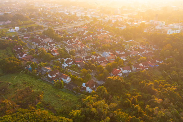 Aerial view of residential neighborhood. Urban housing development. Top ...