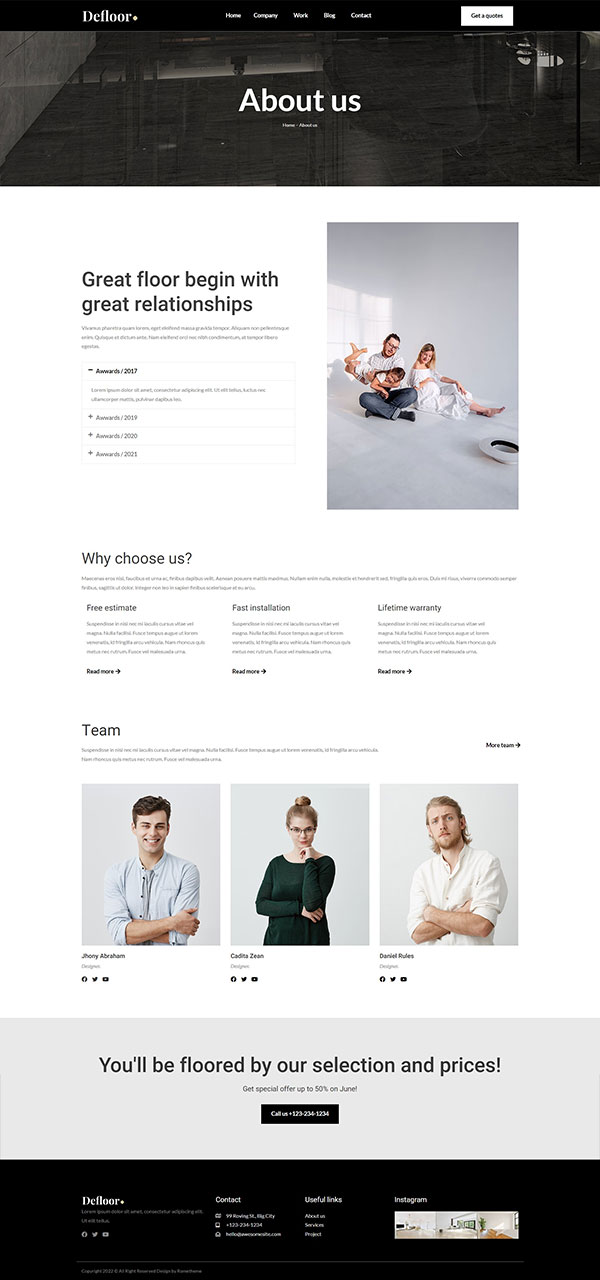 Defloor - Floor Company Elementor Pro Full Site Template Kit by Rometheme