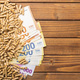 Wooden pellets and euro banknotes, biofuel on wooden table. Ecologic fuel made from biomass. - PhotoDune Item for Sale