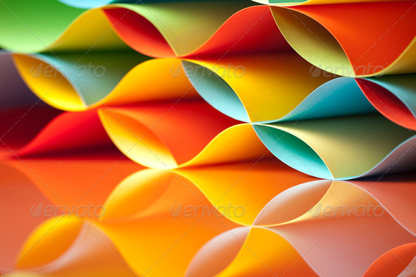 curved, colorful sheets paper with mirror reflexions - Stock Photo - Images