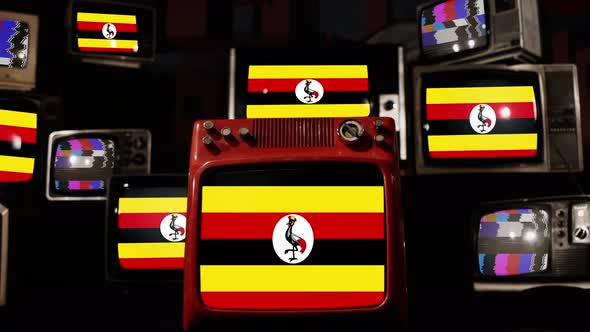 Flag of Uganda on Retro TVs. 4K.
