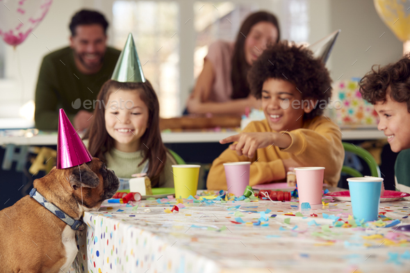 Pet Dog At Table As Girl With Parents And Friends Celebrate Birthday Party At Home