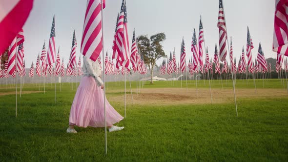 Memorial Park with Many American Flags on the Pole  Slow Motion Footage USA alt