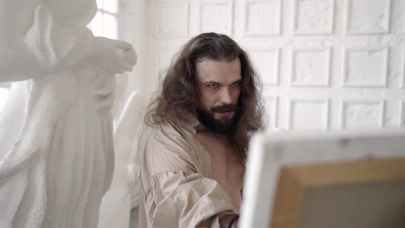 Madness and Talent of Painter Portrait of Artist During Work Over New Picture Painting By Dyes alt