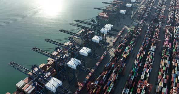 Aerial footage of Yantian international container terminal in Shenzhen city, China alt