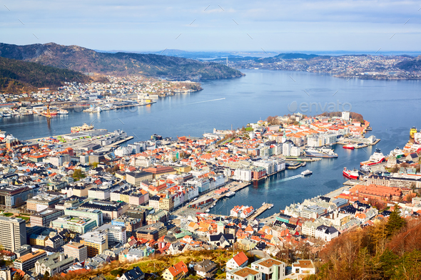 Bergen harbour aerial view - Stock Photo - Images