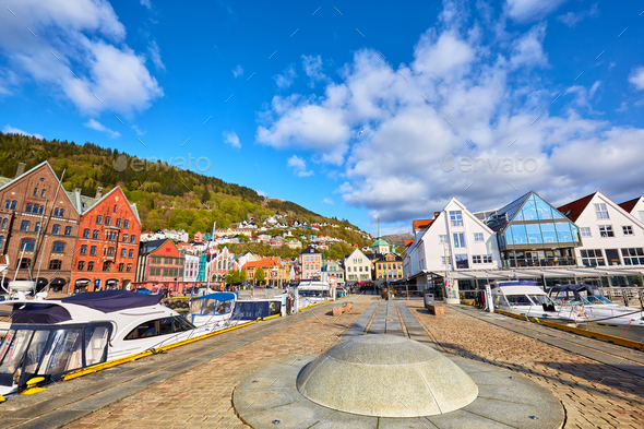 Bryggen area and pier - Stock Photo - Images