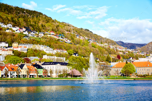 Lake with fountain in Bergen - Stock Photo - Images