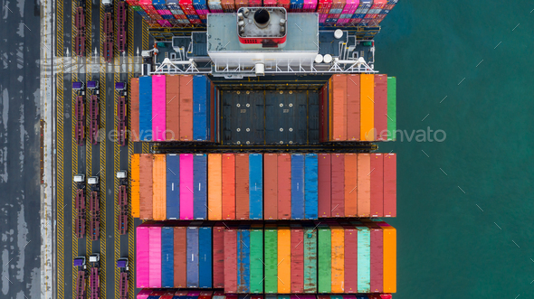 Aerial top view container cargo ship in import export business commercial trade logistic