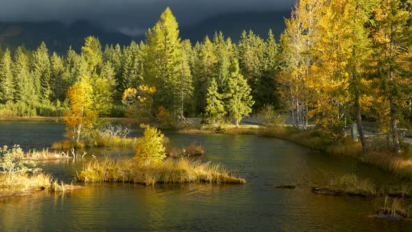 Autumn Landscape with Orange Trees, Lake and Dramatic Sky in Sunrise Lights. Autumn Nature Concepr alt