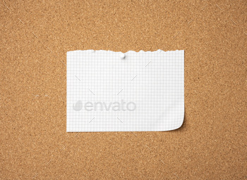 Blank sheet of paper pinned by button on brown cork board