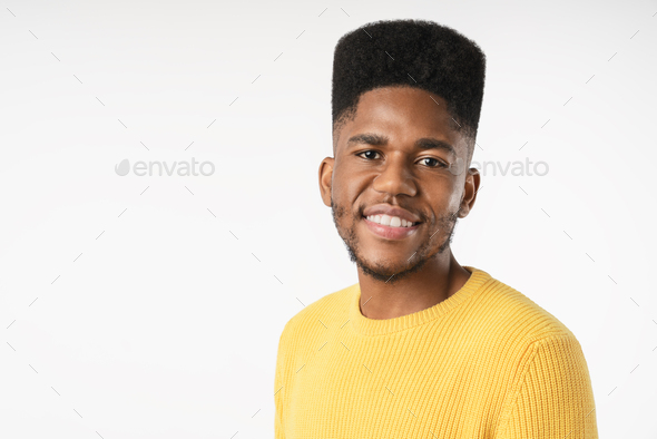 Close Up Portrait Of Happy African Man 20s Isolated On White Background 