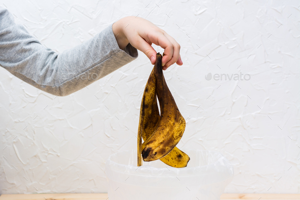 A children\'s hand throws a rotten peel of a banana into the bin. Food waste concept.