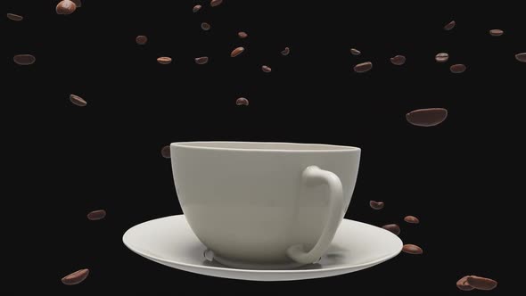 Animation of flying around a cup of coffee and beans