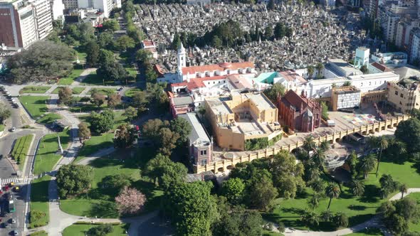 AERIAL - Recoleta and its Cemetery, Buenos Aires, Argentina, wide circle shot alt