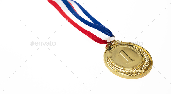 Gold medal. Champion trophy award and ribbon. Prize in sport for winner isolated on white background