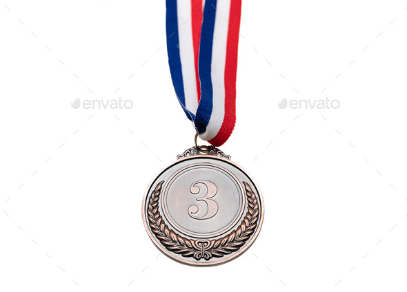 Bronze medal. Champion trophy award and ribbon. Prize in sport for third place isolated on white