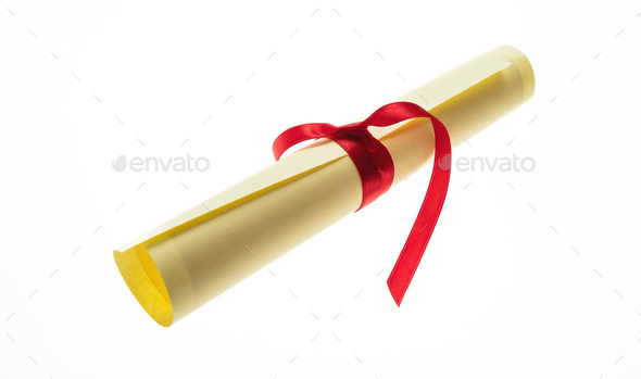 Diploma scroll with red ribbon isolated on white. College degree certificate, University studies