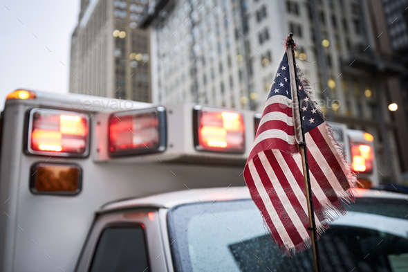 American flag on ambulance car