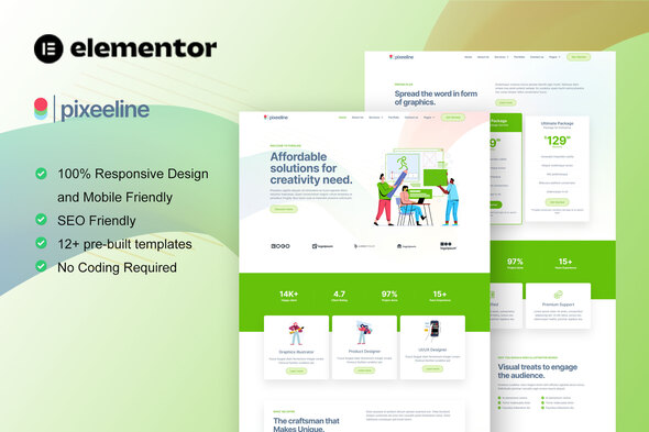 Pixeeline - Graphics Illustration Freelance & Creative Agency Elementor Template Kit