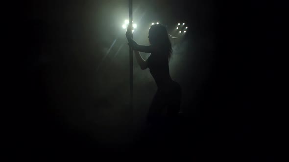 Slim Woman's Silhouette Dancing Near the Pole alt