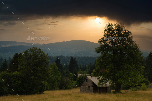 Old cabin on the field in Transylvania, Romania
