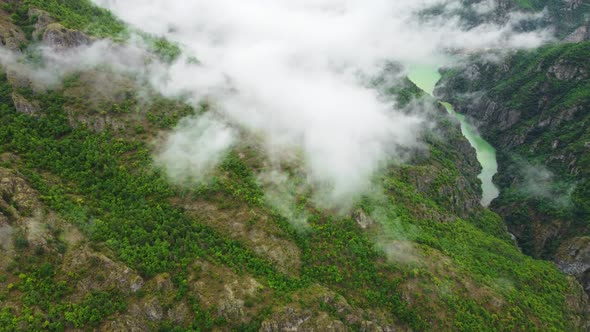 Nature River in Summer Mountain Forest Sky Clouds Magical Morning Fog alt