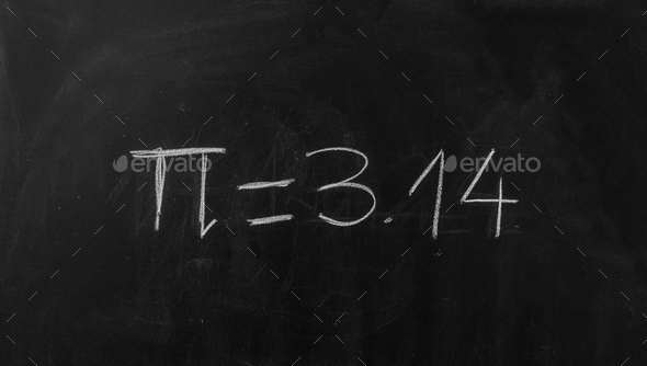 Pi number, mathematical constant chalk drawing on a school black board