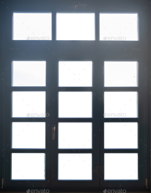 Window closed with glass pane background. Wooden retro frame and handle ...