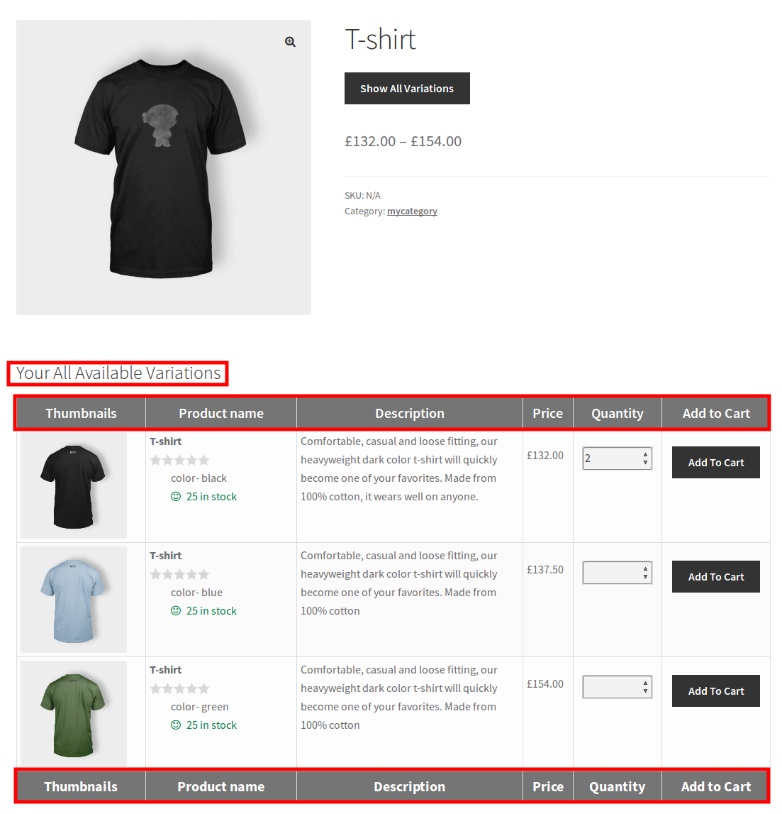 WooCommerce Product Variation Table - Tabular Format, Grid View of ...