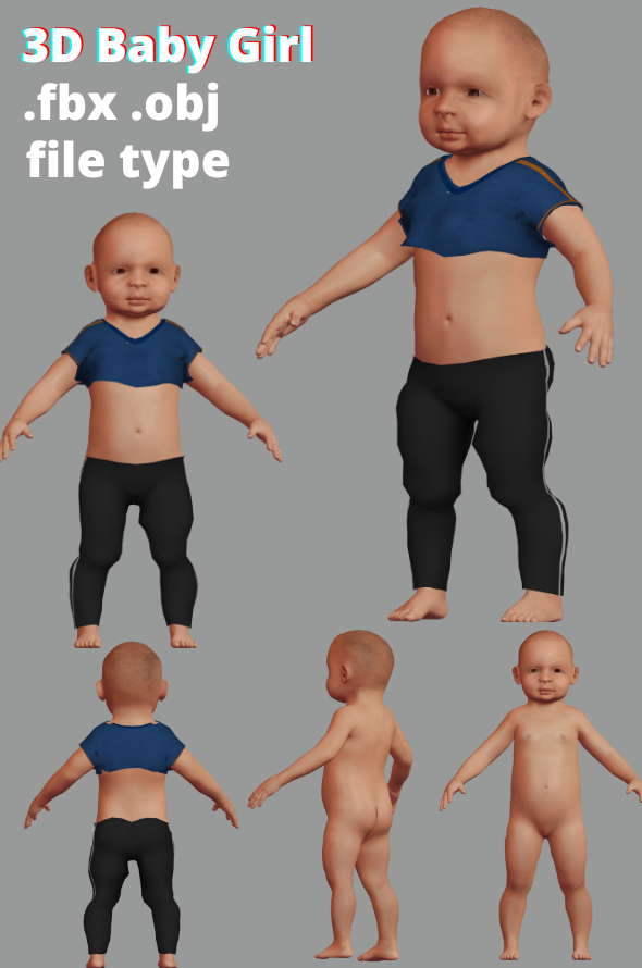 3d Baby in blue dress in fbx and obj file for blender, 3dmax and all 3d software