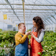 Woman florist fist bumping with her young colleague with Down syndrome in garden centre. - PhotoDune Item for Sale