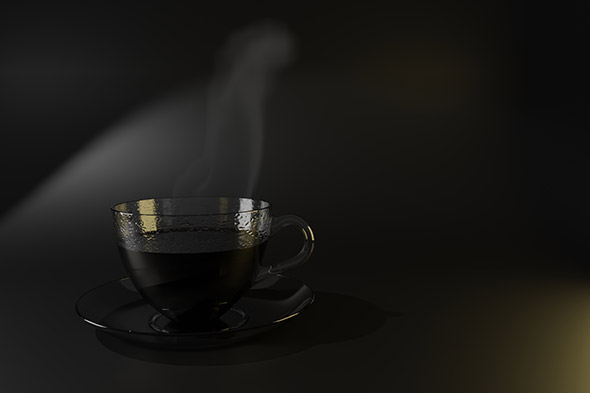 3d model of glass cup of hot black steamed coffee on saucer