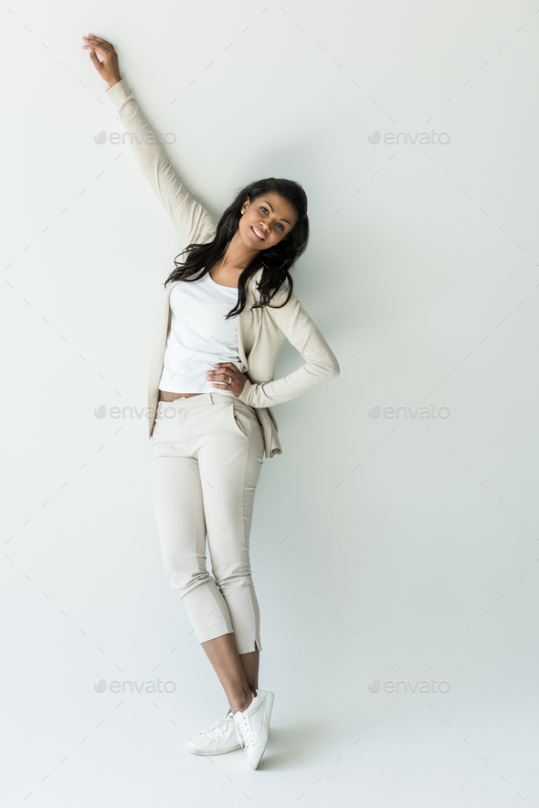 Happy Attractive African American Woman Posing Isolated On White Stock