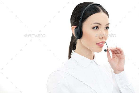 portrait of call center operator in headset isolated on white - Stock Photo - Images