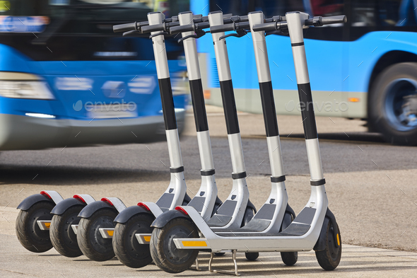 Electric scooters vehicles in the city. Urban mobility, sustainable lifestyle