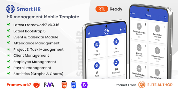 SmartHR - HRMS, Payroll, and HR Project Management Mobile Template (Framework7 + Bootstrap + PWA)