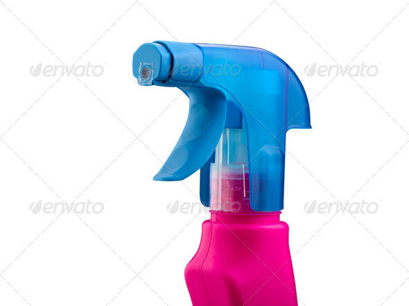 Pink and blue spray bottle against a white background - Stock Photo - Images